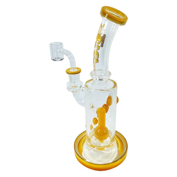 Yellow and orange spiral glass bong with clear bowl and base, side view.