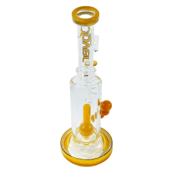 clear glass bong with a cylindrical shape and small circular base. It has a spiral design on the inside.