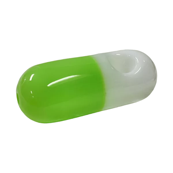 A sleek, modern white and green pill-shaped capsule with a smooth surface and a swirl pattern.