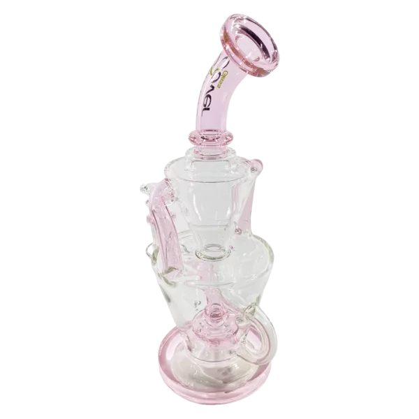 Sparkly pink bong with clear base and stem, featuring a percolator, bowl, downstem, and slide.