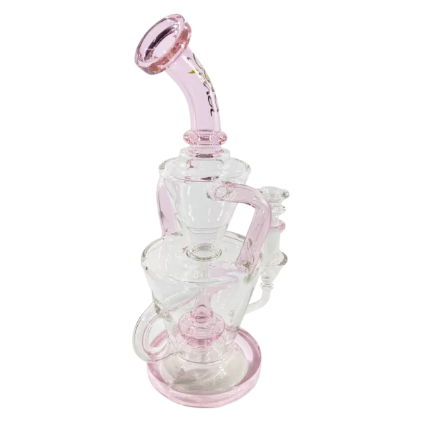 Elegant, minimalistic glass bong with pink handle and stem. Suitable for use in various settings.