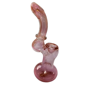 A clear glass bubbler with a small bowl, hole, and spout. It sits on a round metal stand with a ball on top. Perfect for smoking cannabis.