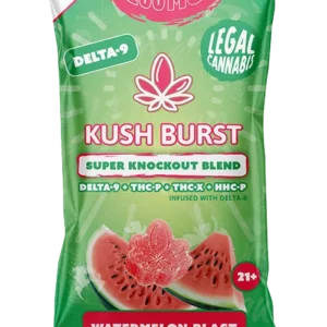 Bag of pink watermelon gummies with 'Kush Burst' label. White coating on pink gummies.