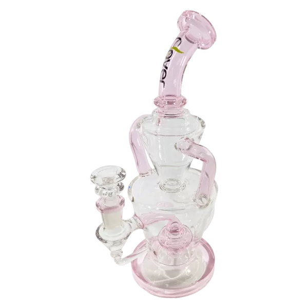 A clear glass water pipe with a pink stem and a transparent bowl, featuring a tapered stem with a small knob and a large, round bowl.