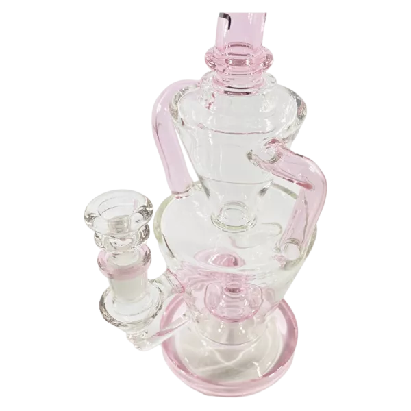 A clear glass water pipe with a pink handle and a small spout on the top and a larger spout on the bottom. The base has a small hole in the center.