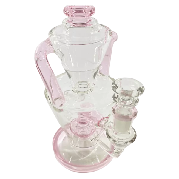 Clear glass vase with pink handle and base. Round shape and durable design. Perfect for home decor.