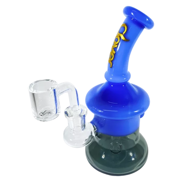 A clear glass water pipe with a blue base and bowl, no downstem.