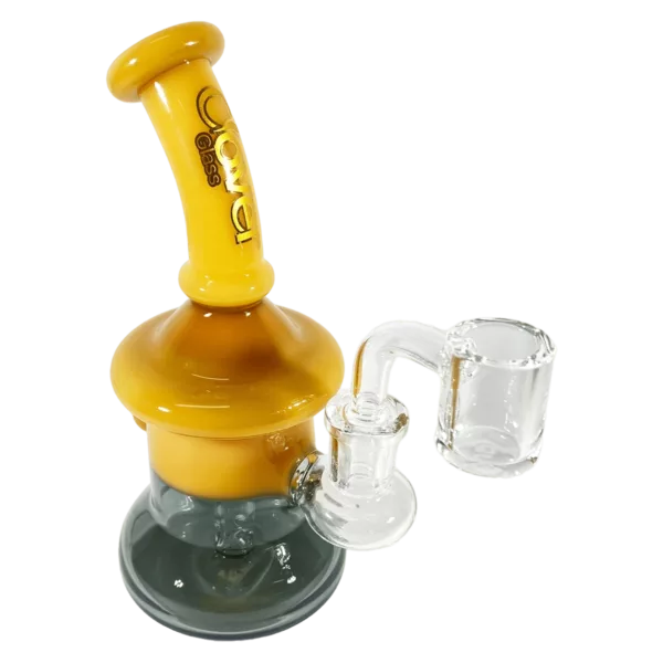 Honeycomb-shaped yellow glass jar with clear plastic stem and adjustable screw base for smoking. Smoke passes through small opening into water.
