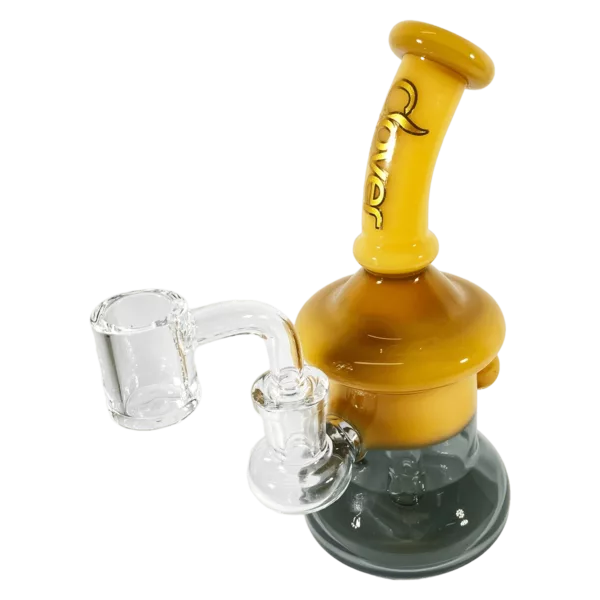 Percolator waterpipe with yellow cylinder, clear chamber, attached mouthpiece, and small clear tube. Honey Jar WP - WPE591.