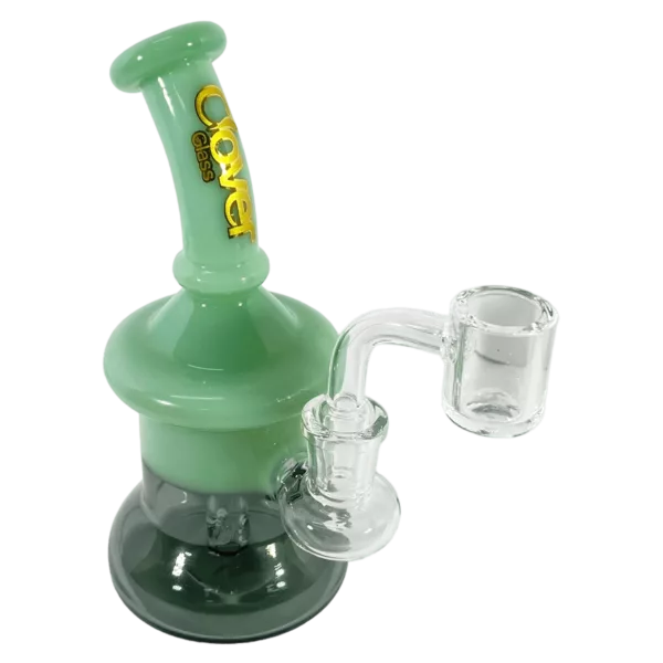 Glass water pipe with clear stem, green base, rubber grip, clear mouthpiece, and circular handle.