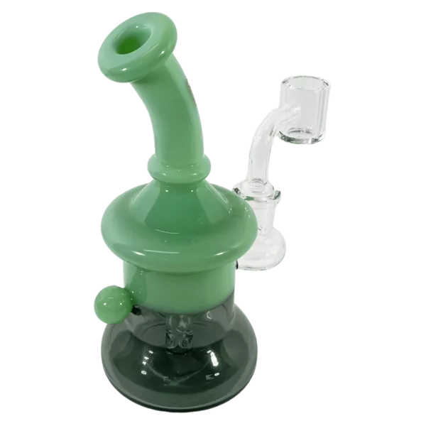 Green water pipe with clear glass mouthpiece and long, tapered shape. Honey Jar WP - WPE591.