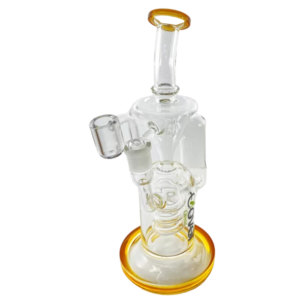 Clear glass bong with yellow base and small circular mouthpiece. Inverted Delta Water Pipe - CCWPD263.