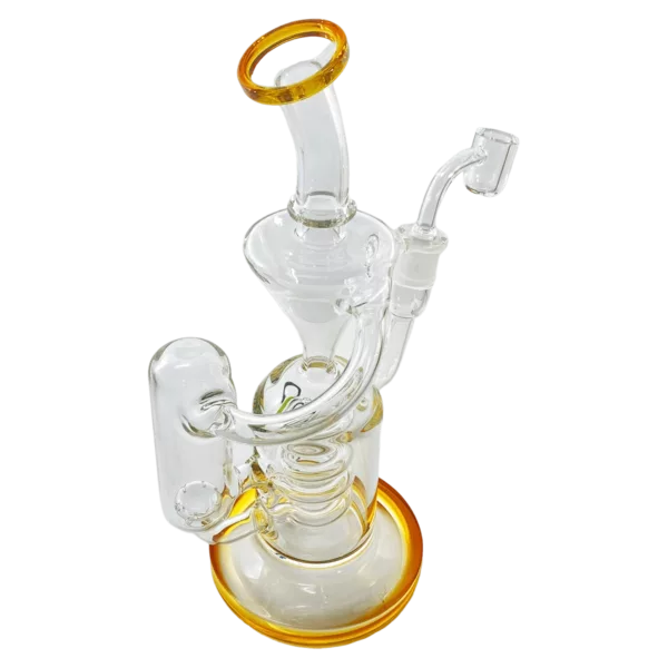 Delta-shaped glass bong with golden base and yellow accent, clear mouthpiece and bowl.