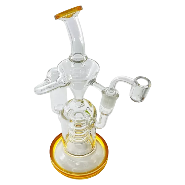 Delta-shaped glass water pipe with circular base, metal handle, and small water flow hole.