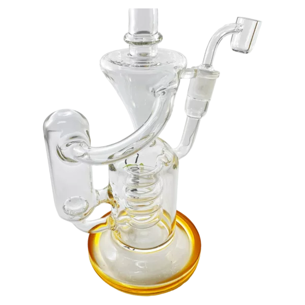 Glass inverted delta water pipe with orange handle, clear stem and flat base. No visible water.