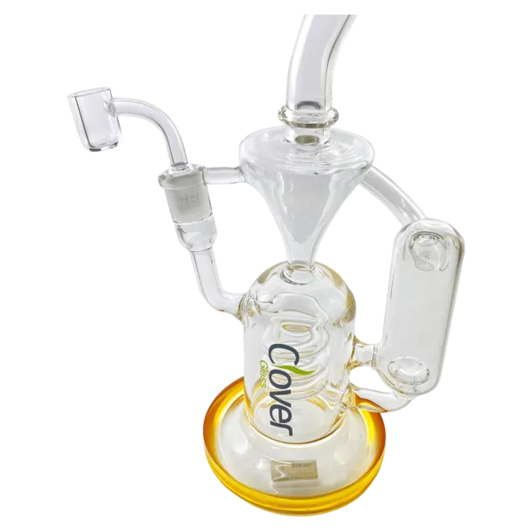 Glass inverted delta water pipe with large curved bowl, small stem with twisted stainless steel handle, removable mouthpiece, and fixed clear tube. Holds water or liquid in base.