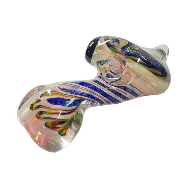 Clear glass pipe with colorful, swirled design and small, round bowls connected by a thin, curved stem. Talent Glass Works. Dichro Flower Sherlock.