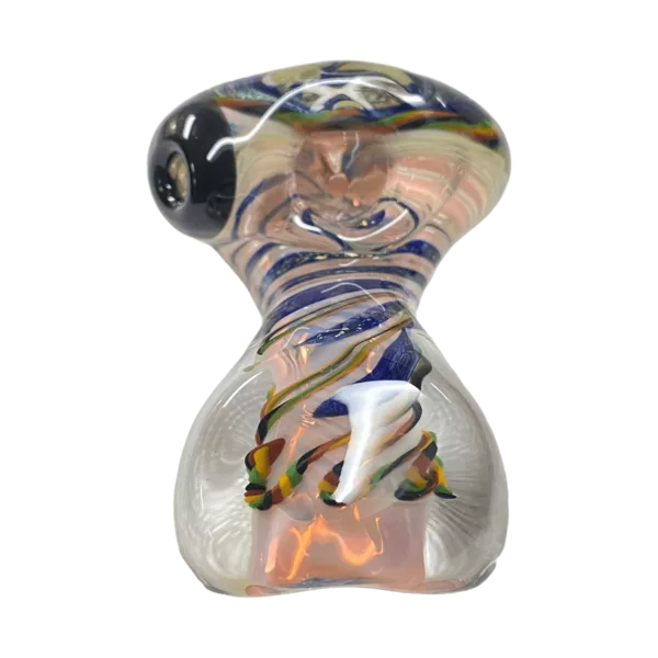 Glass figurine of a woman with long dress and crown. Swirling pattern of blue, green, and orange. Crown with large round jewel in center.