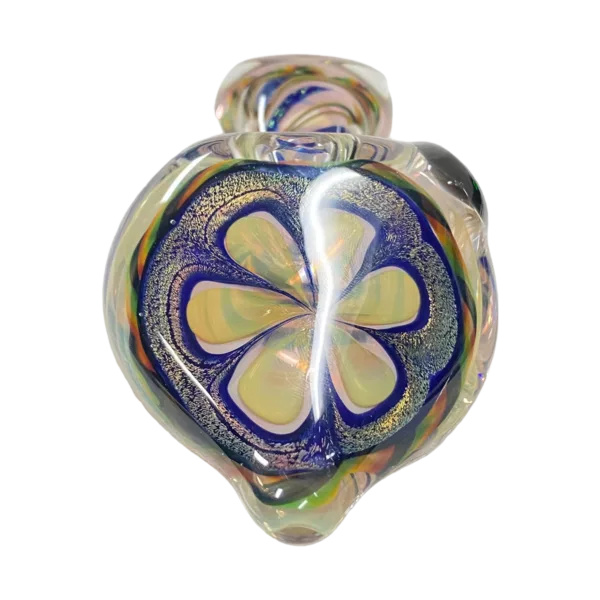Dichro Flower Sherlock - Talent Glass Works creates beautiful, vibrant glass flowers with intricate designs and unique textures. The multicolored flowers feature swirls of blue, green, and yellow, and the center is made up of small pieces of glass with unique shapes and colors. The colors complement each other, creating a striking and beautiful image.