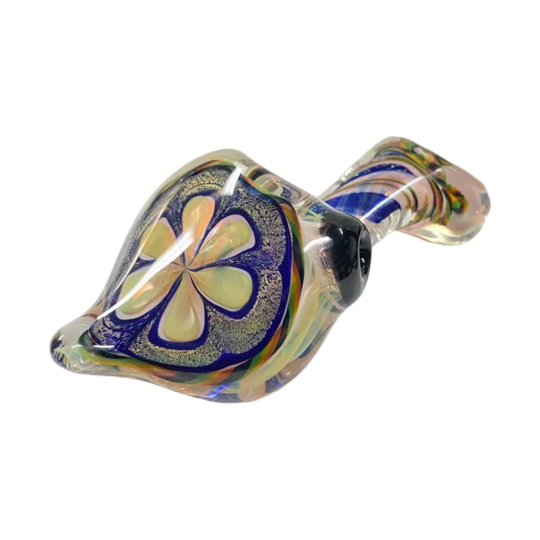 Colorful glass flower with blue, purple, pink, and green petals, delicately etched and curved stem, small leaf and round base with raised ring. #DichroFlowerSherlock #TalentGlassWorks #smokingcompany