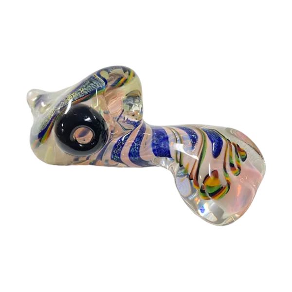Colorful, swirling glass piece called Dichro Flower Sherlock by Talent Glass Works. Suitable for use as a decorative paperweight or desk accessory.