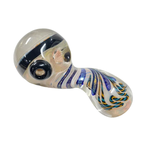 Blue and white glass pipe with interconnected circle and line design, curved shape, small hole at end, sleek and modern appearance.