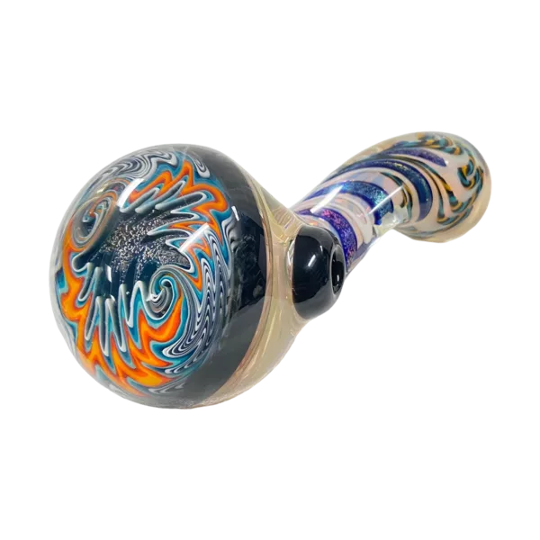 Colorful, swirling glass water pipe with dragon's mouth design by Talent Glass Works.