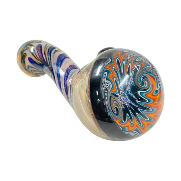 Swirling blue, orange, and purple colors on a clear glass base make up the intricate and unique 'Wig Woo Over Solid Dichro' by Talent Glass Works. Perfect for home or office decor.