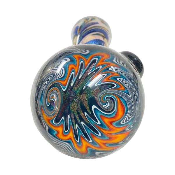 Swirling blue, green, and orange glass marble from Talent Glass Works. Unique and solid design. Perfect for any smoke setup.