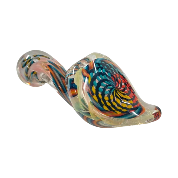 Handmade, multi-colored spiral glass piece with a shiny, smooth surface and unique artistic style. Perfect for adding a touch of elegance to any space.