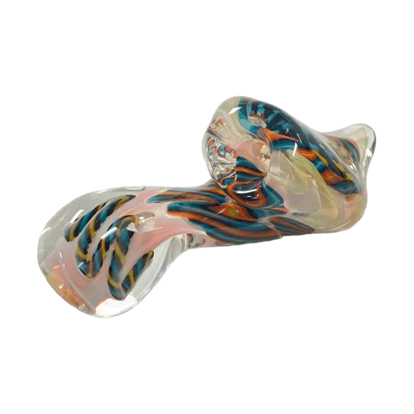 Colorful swirl design in the center, intricate designs on the sides, clear base, and glossy finish. Reticello by Sherlock of Talent Glass Works.