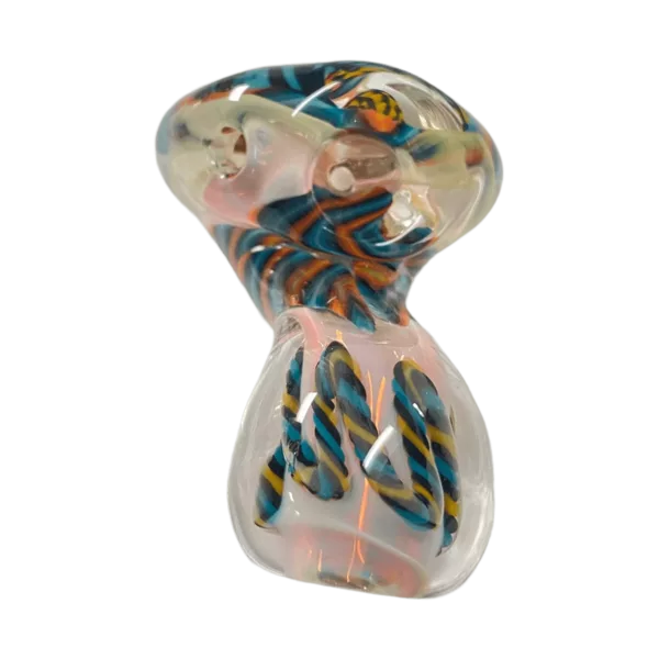 Colorful abstract fish sculpture made of glass by Reticello Sherlock. Intricate design with a swimming motion and mounted on a nautical-themed base.
