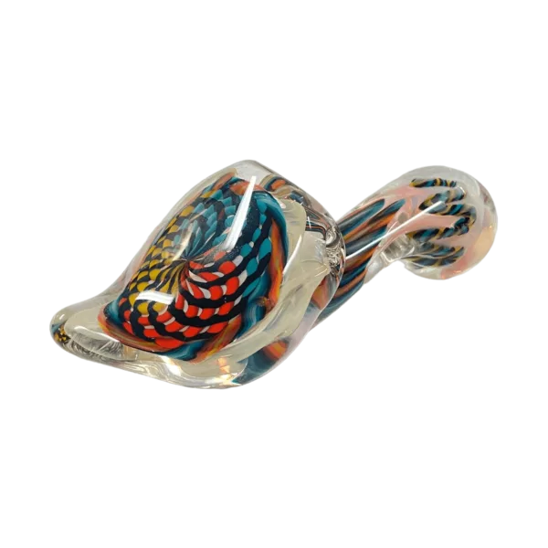 A stunning, sandblasted glass piece with colorful swirls, resembling a wave.