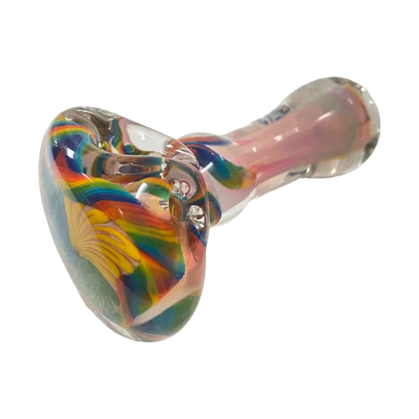Vibrant multicolored swirl design on clear glass spoon handle with white tip. Perfect for stirring or as a decorative piece.