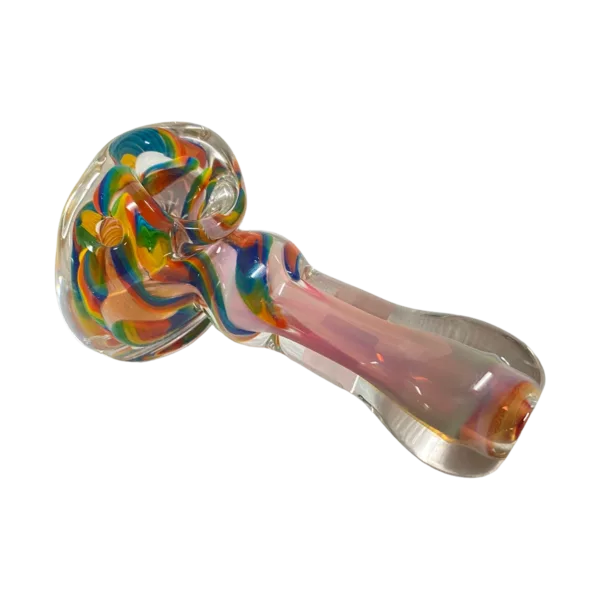 Colorful swirl design on handle, shaped like a cane. Solid Cane Spoon from Talent Glass Works.