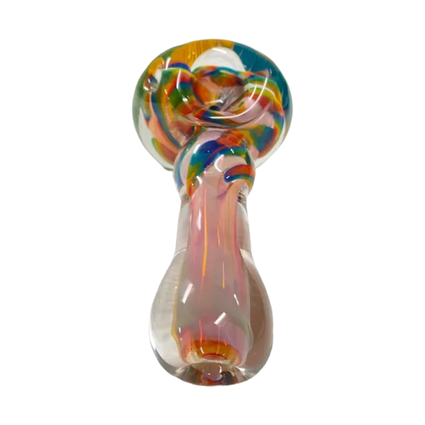 Handmade glass pipe with clear, red, blue, green, and orange colors. Spoon shape with smooth surface and raised details. Small, round mouthpiece. Short, curved stem and small, wide bowl. Functional glass art piece from Talent Glass Works.