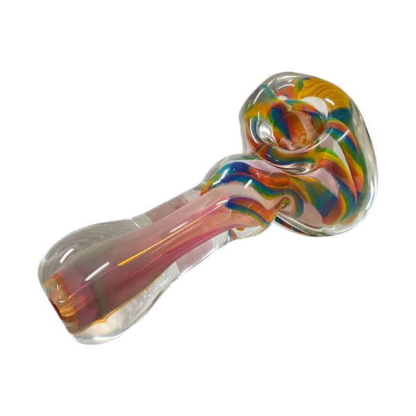 Colorful swirl pattern from base to handle, large bubble in center on Solid Cane Spoon from Talent Glass Works.