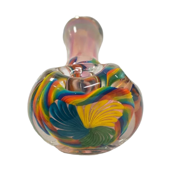 A colorful, swirled glass spoon with a curved handle, made by Talent Glass Works.