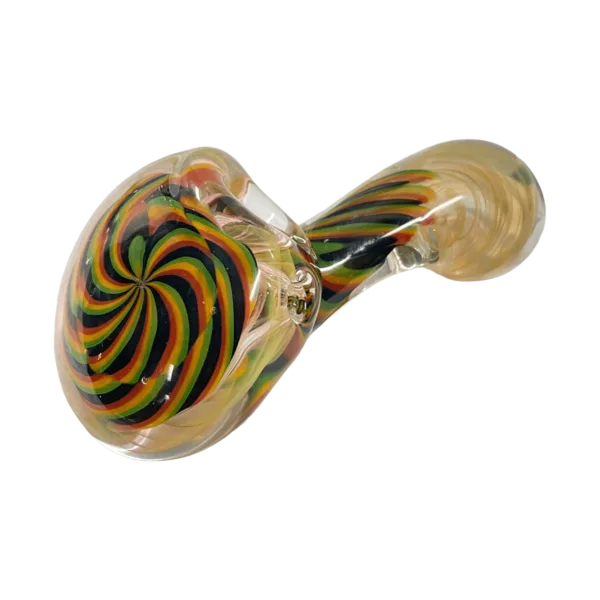 Colorful glass pipe with swirled design, small bowl and stem. Unique and eye-catching design.