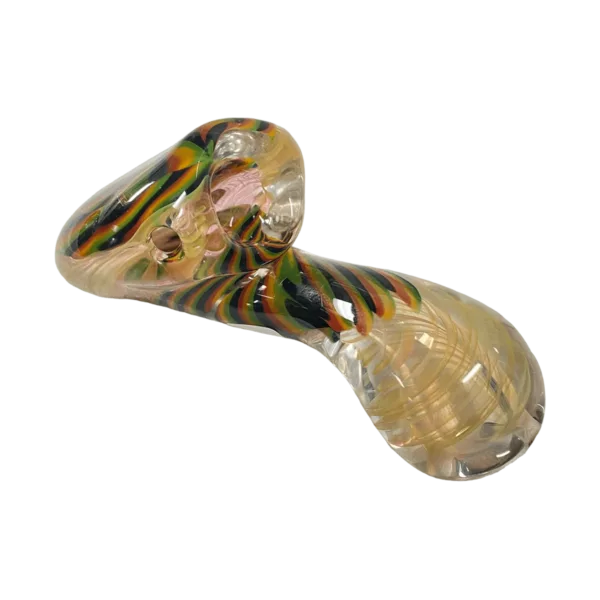 Colorful, swirling glass pipe shaped like a magnifying glass, with a unique design and made by Talent Glass Works.