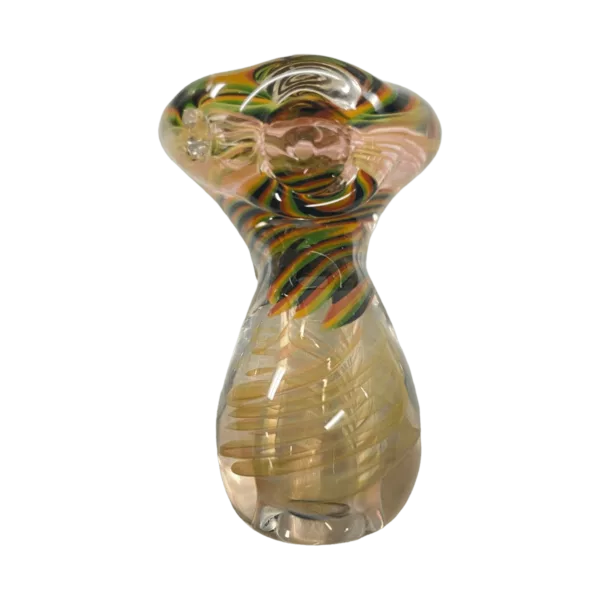Colorful twisted glass vase from Color Coil Sherlock - Talent Glass Works, available on smoking company website. Multicolored design in shades of yellow, green, and purple. Smooth surface, no cracks or chips. Good condition.