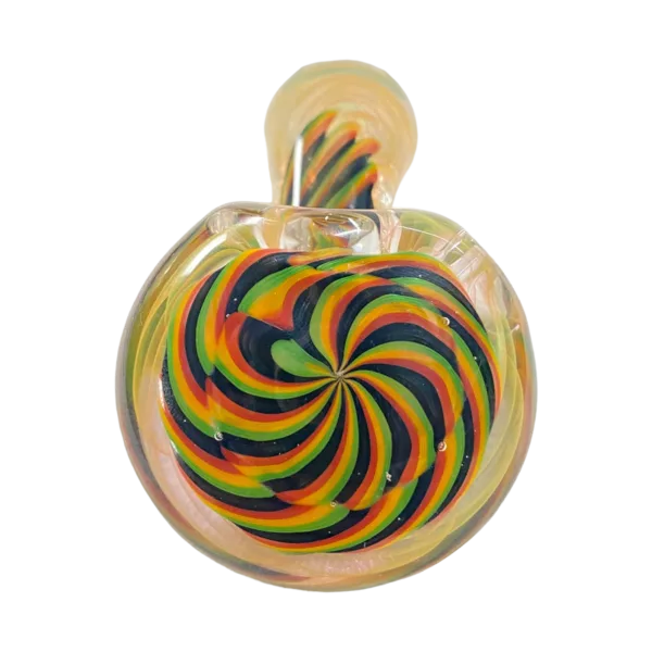 Colorful glass pipe with spiral design by Sherlock - Talent Glass Works. Black base with rainbow shades of blue, green, yellow, orange, and purple. Clockwise spiral on white background.