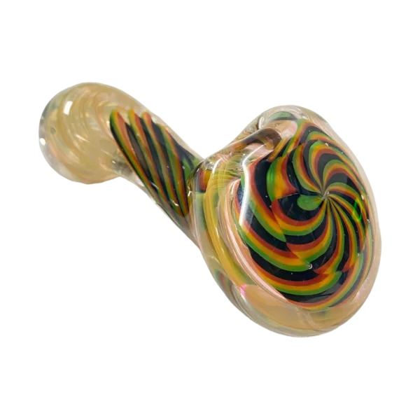 Colorful swirl design with red, green, and blue accents on a clear glass pipe. Made by Talent Glass Works.