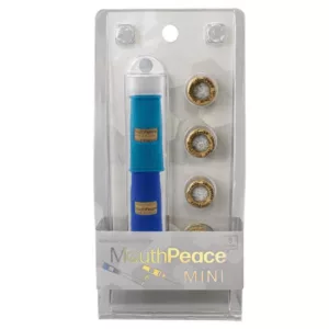 Blue and gold plastic container with small hole and gold rings. In clear packaging. Reads 'Mouthpeace Mini'. Moose Labs.
