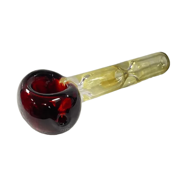 Handcrafted smoke glass spoon with gold trim and brown swirl design on handle, clear glass bowl with slightly raised and tapered stem.