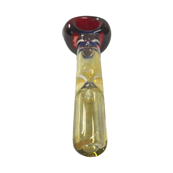 Handmade glass smoking pipe with a colorful, hourglass-shaped bowl and comfortable curved handle. Perfect for enjoying your favorite tobacco.