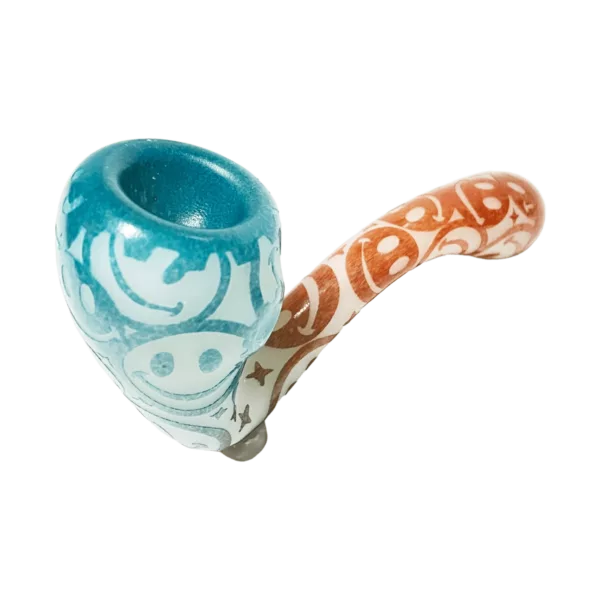 blue and white ceramic pipe with a curved shape and a small hole at the end. The pipe has a design featuring interconnected circles and lines.