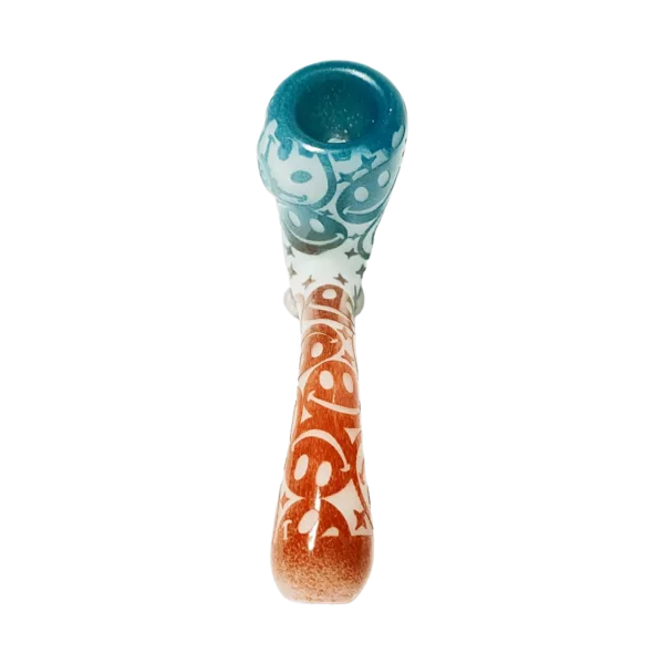 Hand-carved glass pipe with Sherlock Holmes magnifying glass pattern. Round shape with flared mouthpiece and small chamber.