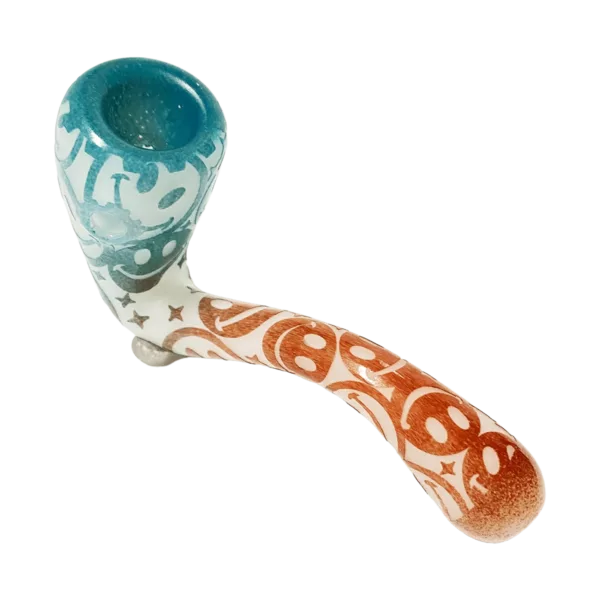 Hand-made turquoise and white glass Sherlock pipe with interlocking swirl design, round bulbous bowl, long curved stem with knob, and straight thin shank.