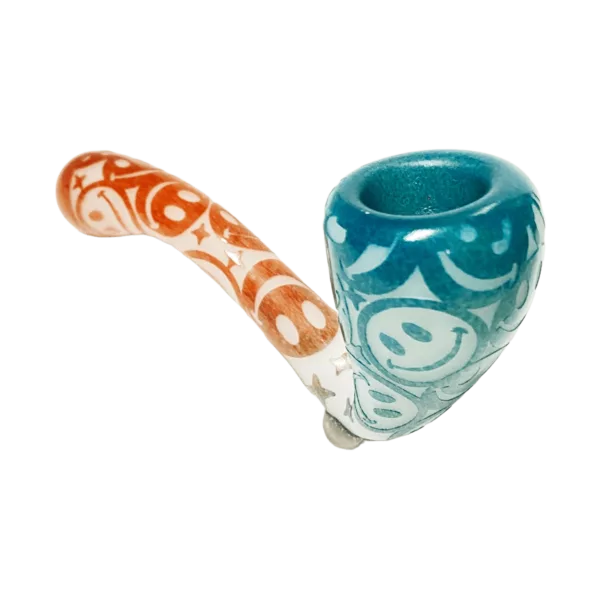 Handcrafted deep carve pipe with swirling orange, blue, and white pattern on light blue background. Wide bowl and short stem with flat ring base. Smooth, slightly raised bowl.